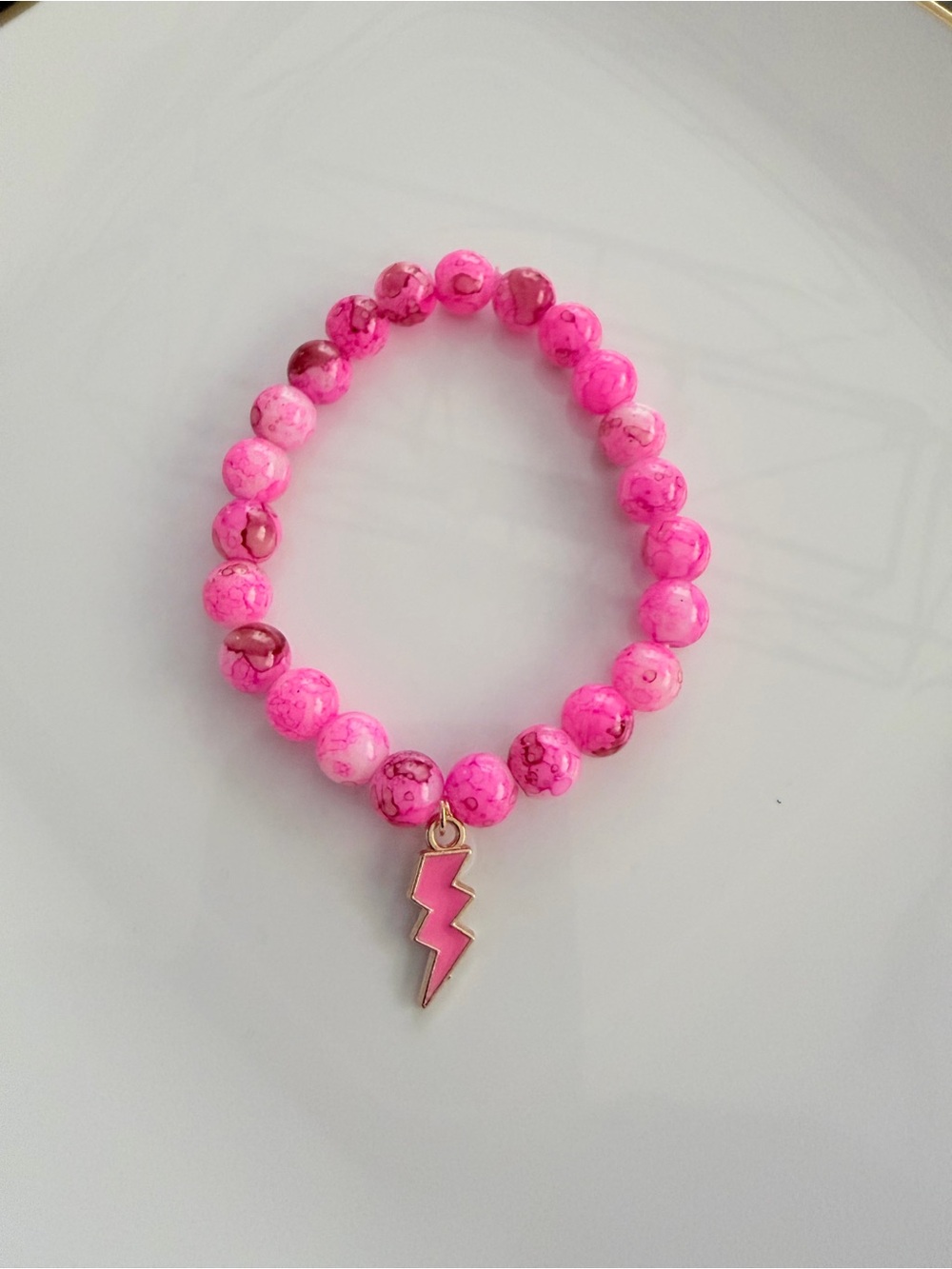 Bright Pink Beaded Bracelet with Lightning Charm Thunderbolt